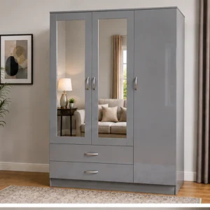 Elegant Grey 3 Door Wardrobe – 3 Door Mirrored Wardrobe with 2 Bottom Drawers