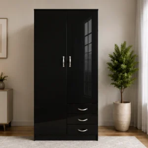 Black Haven 2-Door Wardrobe with 3 Drawers – Modern Bedroom Storage