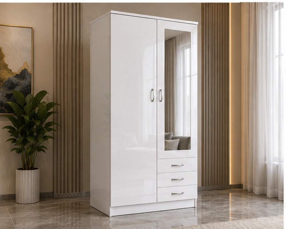 White Space-Saving Mirrored Wardrobe – Modern Bedroom Furniture