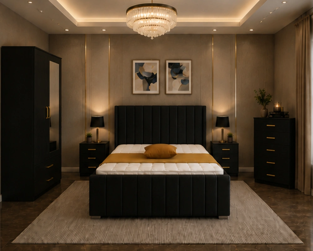 King Size Bed Furniture Set - Six Door Wardrobe With Four Drawer - Chest of Five Drawers With Two Bed Side Table - Image 2
