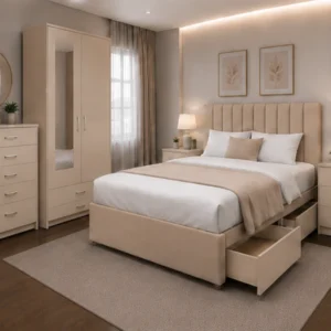 king Complete Beige Bedroom Furniture Collection - Bed, Wardrobe, Chest of Drawers & Side Tables