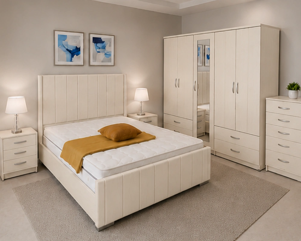 Luxury Cream Color Bedroom Set - Four Door Wardrobe With Four Drawer - Chest of Five Drawers With Two Bed Side Table - Image 2