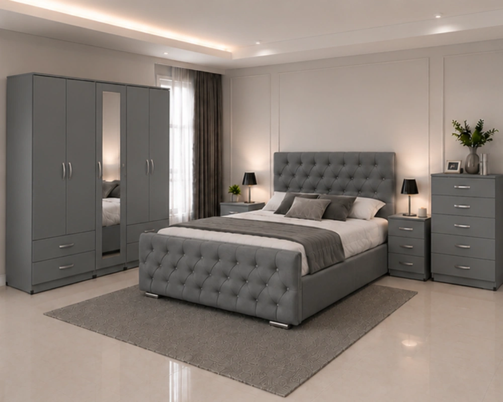 Designer Bedroom Furniture Set With Five Door Wardrobe With One Mirror - Chest of Five Drawers With Two Bed Side Table - Image 2