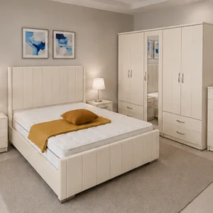 Luxury Cream Color Bedroom Set - Four Door Wardrobe With Four Drawer - Chest of Five Drawers With Two Bed Side Table