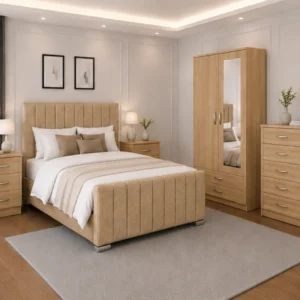 Bedroom Furniture Bundle - King Size Bed - Two Door Mirror Wardrobe - Five Drawer Chest - Two Bedside Tables