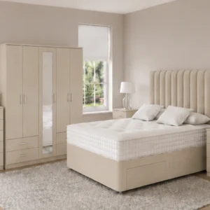 Contemporary Bedroom Furniture – King Size Bed, 5 Door Mirrored Wardrobe with Four Bottom Drawers, Five Drawer Chest & Two Matching Bed Side Tables