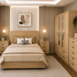 Premium Bedroom Furniture Set – Double Bed, Four Door Wardrobe with Four Bottom Drawers, Chest of Five Drawers & Two Bedside Tables