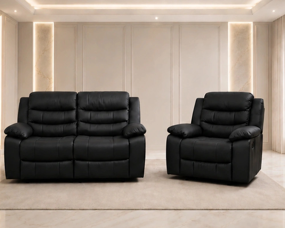 Roma Black Recliner Sofa Set 2 + 1 Seater - Comfortable Reclining Sofa for Living Room