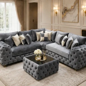 Light Grey Corner Sofa - Luxury L Shape Sofa with Deep Button Detailing