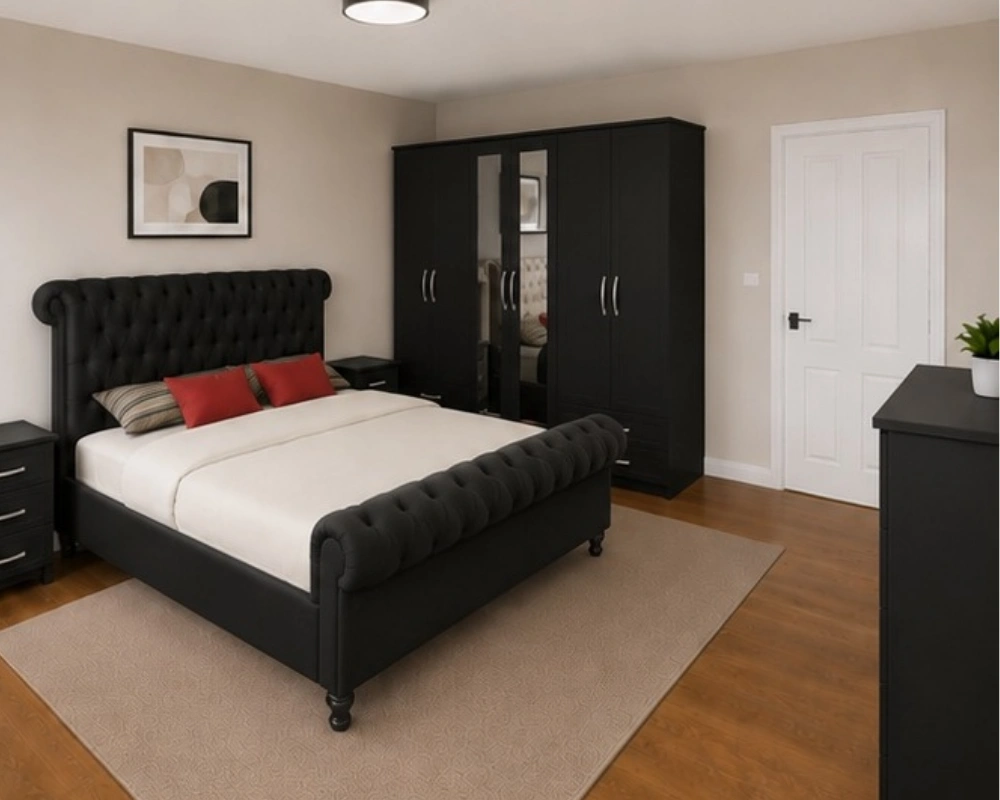 Luxury Sleigh king Bed Furniture Set - Six Door Wardrobe With Four Drawer - Chest of Five Drawers With Two Bed Side Table - Image 2