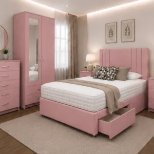 Complete Bedroom Set - King Bed - 2 Door Mirror Wardrobe - Five Drawer Chest - Bedside Table Pair