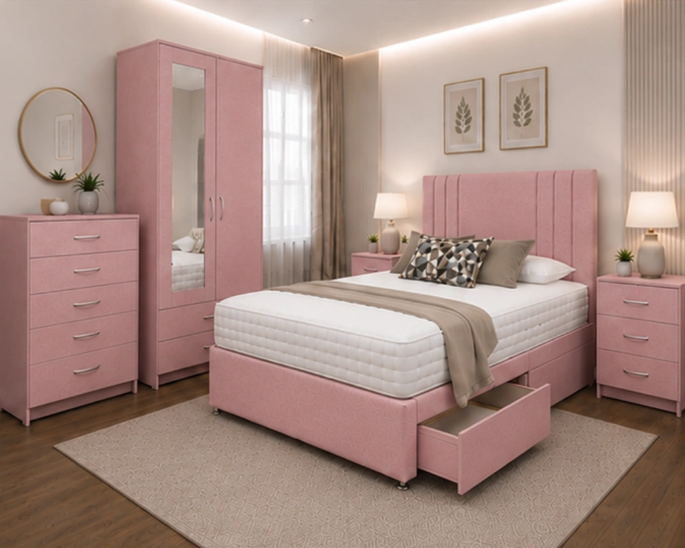 Complete Bedroom Set - King Bed - 2 Door Mirror Wardrobe - Five Drawer Chest - Bedside Table Pair