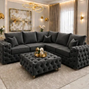 5 Seater Charcoal Chesterfield Corner Sofa – Premium Buttoned Luxury Design