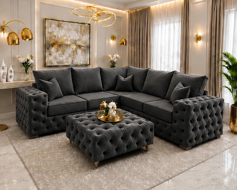 5 Seater Charcoal Chesterfield Corner Sofa – Premium Buttoned Luxury Design