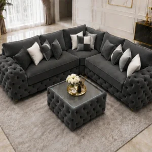 Luxury Charcoal Corner Sofa L Shape – Premium Plush Sofa with Elegant Tufted Detailing