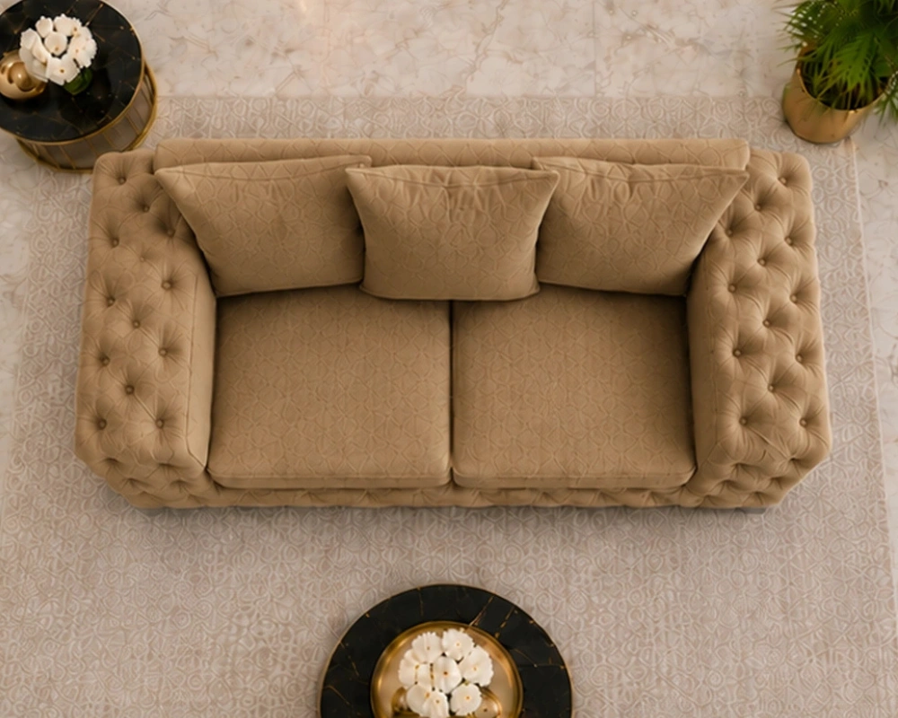 Oak 2 Seater Sofa - Luxury Quilted Button Tufted Fabric Sofa - Image 3
