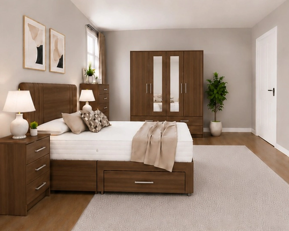 Complete Home Bedroom Suite - 4 Door Wardrobe With Dual Mirrors And Four Bottom Drawers - Chest of Five Drawers - Image 4