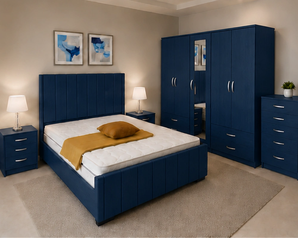 Complete Bedroom Furniture Set | Double Bed, Four Door Wardrobe With Four Drawer - Chest of Five Drawers With Two Bed Side Table