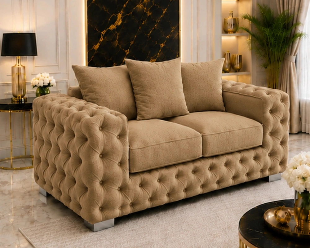 Oak 2 Seater Sofa - Luxury Quilted Button Tufted Fabric Sofa - Image 2