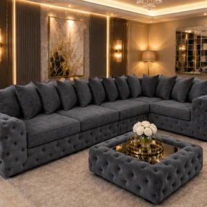 Sophisticated Charcoal L Shape Sofa – Luxurious Tufted Finish & Deep Cushioned Seating