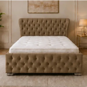 Rich Coffee Brown Super King Oxford Bed with mattress – Elegant 200 × 200 cm Padded Design