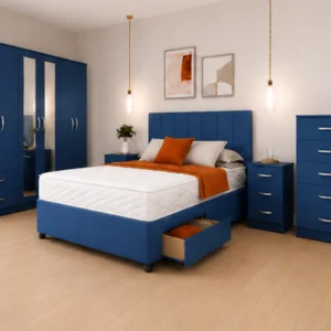Navy Blue Bedroom Set with Matching Wardrobe & Chest of Drawers - 5 Drawer Chest - Two Bedside Tables