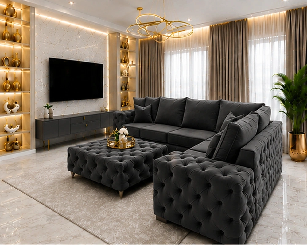 5 Seater Charcoal Chesterfield Corner Sofa – Premium Buttoned Luxury Design - Image 3