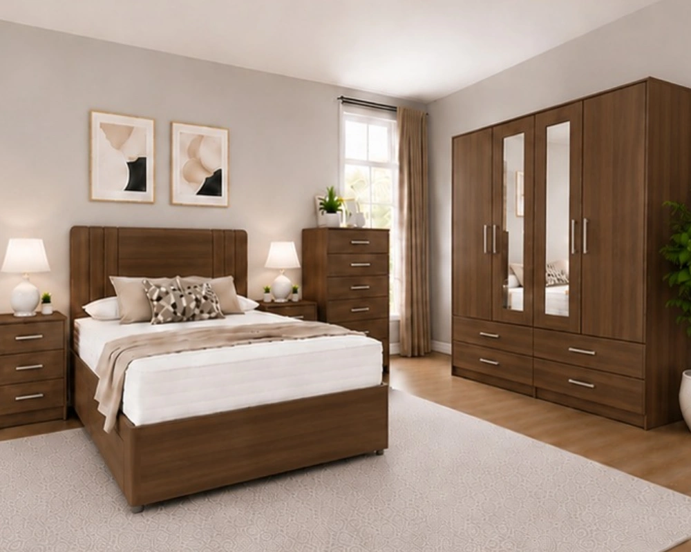 Complete Home Bedroom Suite - 4 Door Wardrobe With Dual Mirrors And Four Bottom Drawers - Chest of Five Drawers - Image 5