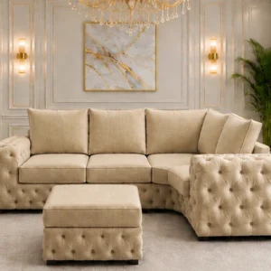 Warm Oak 4 Seater Sofa – Elegant Buttoned Arms & Deep Cushioned Seating