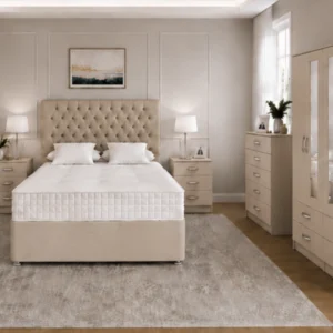 Modern Beige Bedroom Set – Four Door Wardrobe with Four Bottom Drawers – Chest of Five Drawers & Two Bedside Tables