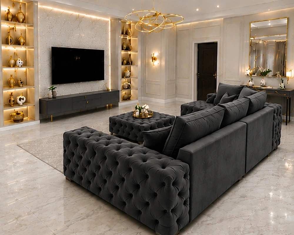 5 Seater Charcoal Chesterfield Corner Sofa – Premium Buttoned Luxury Design - Image 4