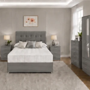 Luxury Grey King Size Bed Furniture Set – Four Door Wardrobe with Four Bottom Drawers – Chest of Five Drawers with Two Bedside Tables