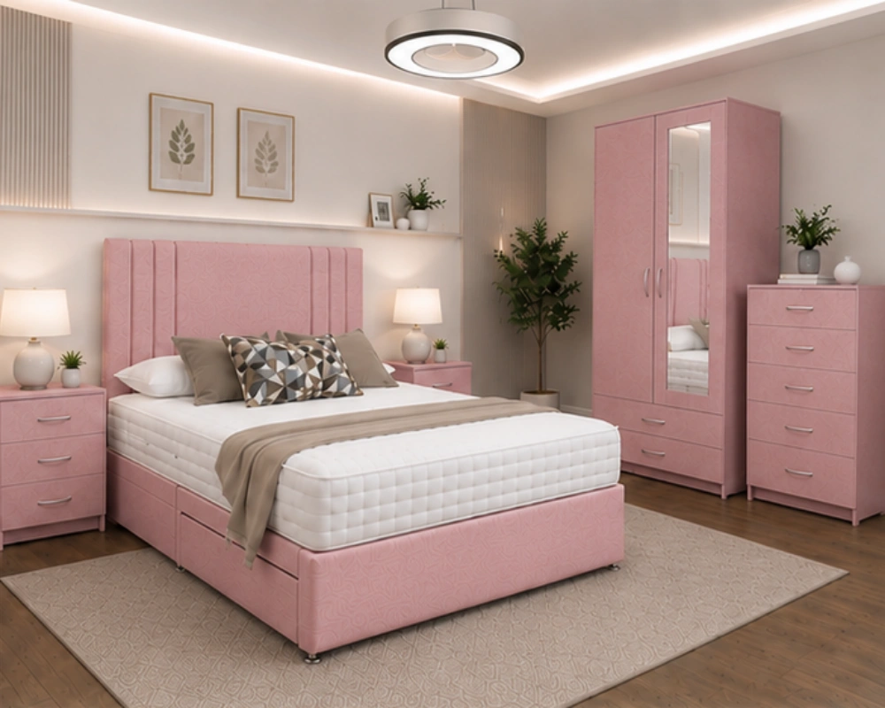 Complete Bedroom Set - King Bed - 2 Door Mirror Wardrobe - Five Drawer Chest - Bedside Table Pair - Image 2