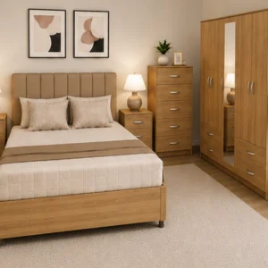 Premium Bedroom Furniture Set – Double Bed, Five Door Wardrobe with Four Bottom Drawers, Chest of Five Drawers & Two Bedside Tables