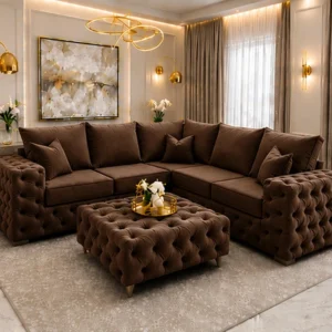 5 Seater Walnut Chesterfield Corner Sofa – Elegant Luxury Buttoned Design