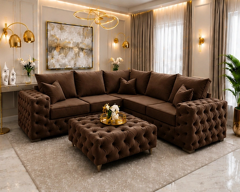 5 Seater Walnut Chesterfield Corner Sofa – Elegant Luxury Buttoned Design