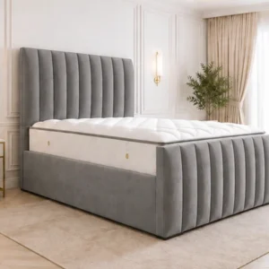 Grey King Size Bed – Premium Panel Line Bed with Mattress