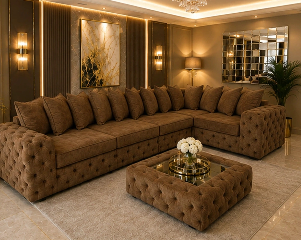 Elegant Oak L Shape Sofa – Warm Tones, Spacious Seating & Refined Detail
