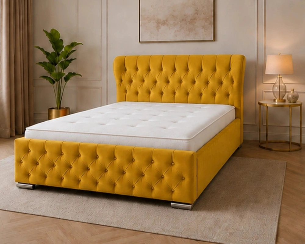 Mustard Yellow Double Oxford Bed with Mattress – 4ft 6in Luxury Upholstered Design - Image 2