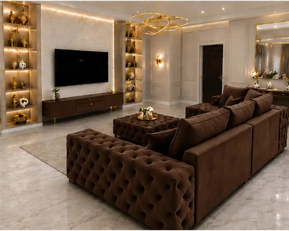5 Seater Walnut Chesterfield Corner Sofa – Elegant Luxury Buttoned Design - Image 3