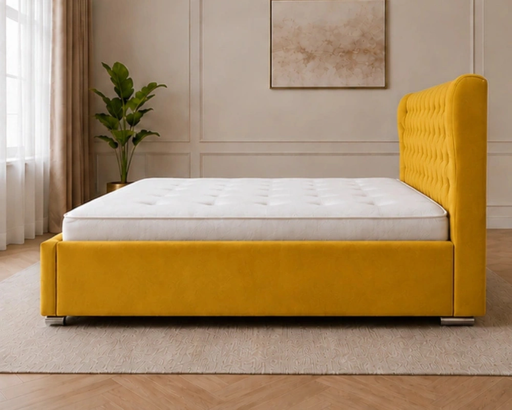 Mustard Yellow Double Oxford Bed with Mattress – 4ft 6in Luxury Upholstered Design - Image 4