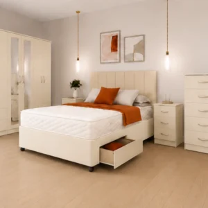 king Bedroom Bundle – Storage Bed Frame – 6 Door Wardrobe – Chest of 5 Drawers – 2 Side Cabinets