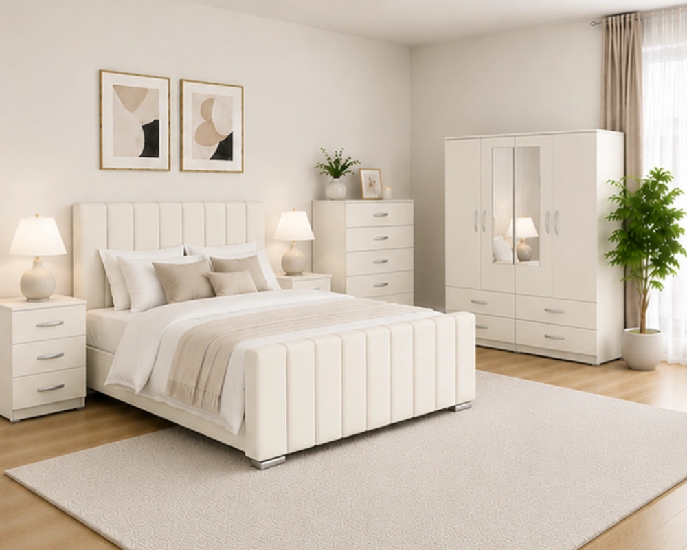 Complete Bedroom Furniture Package - Double Bed - 4 Door Mirror Wardrobe - Five Drawer Chest - Two Bedside Tables
