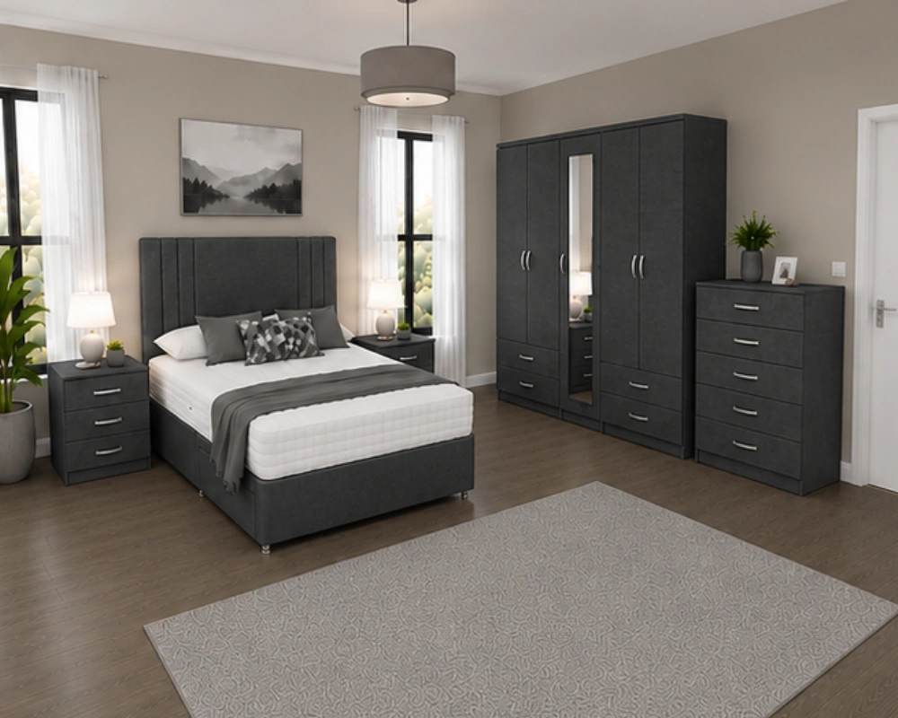 Designer Double Bed Suite – 5 Door Full Length Mirror Wardrobe with Four Bottom Drawers, Chest of Five Drawers & Two Bed Side Tables - Image 4