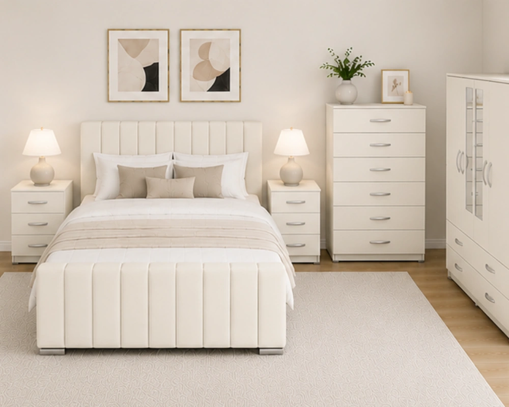 Complete Bedroom Furniture Package - Double Bed - 4 Door Mirror Wardrobe - Five Drawer Chest - Two Bedside Tables - Image 2