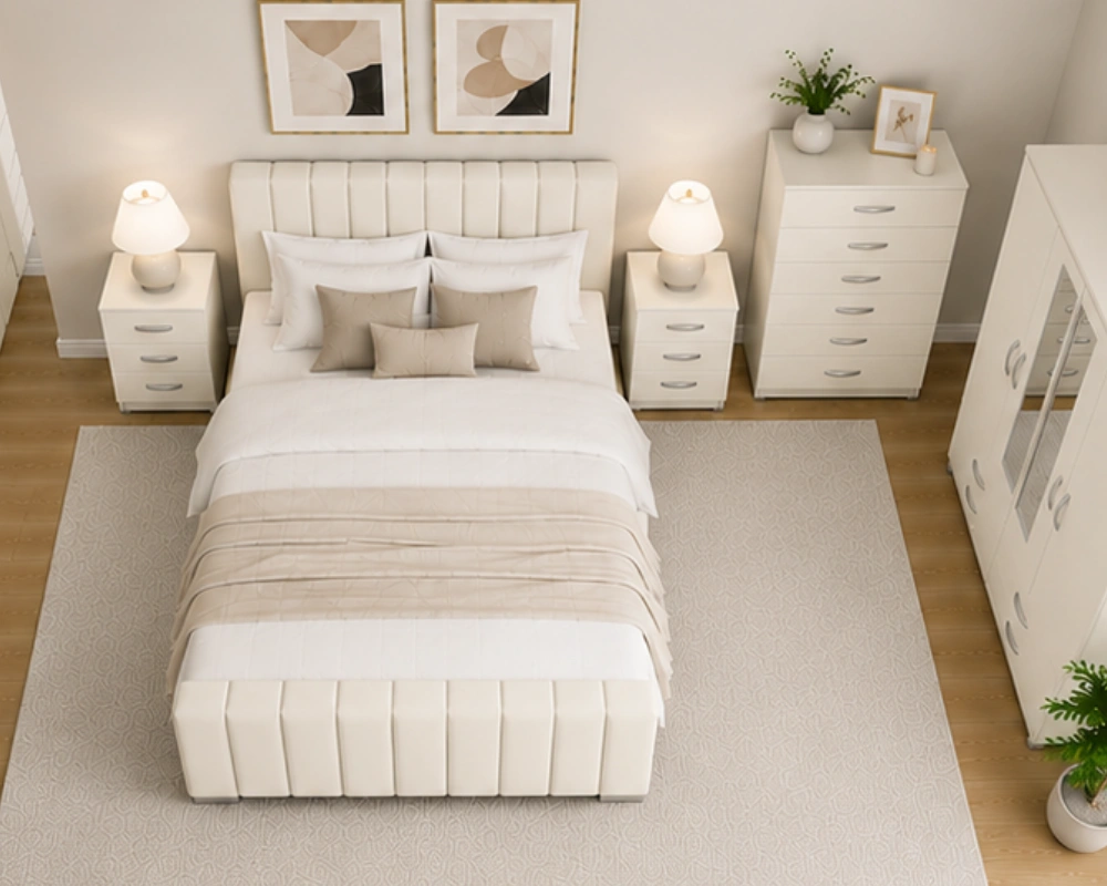 Complete Bedroom Furniture Package - Double Bed - 4 Door Mirror Wardrobe - Five Drawer Chest - Two Bedside Tables - Image 4