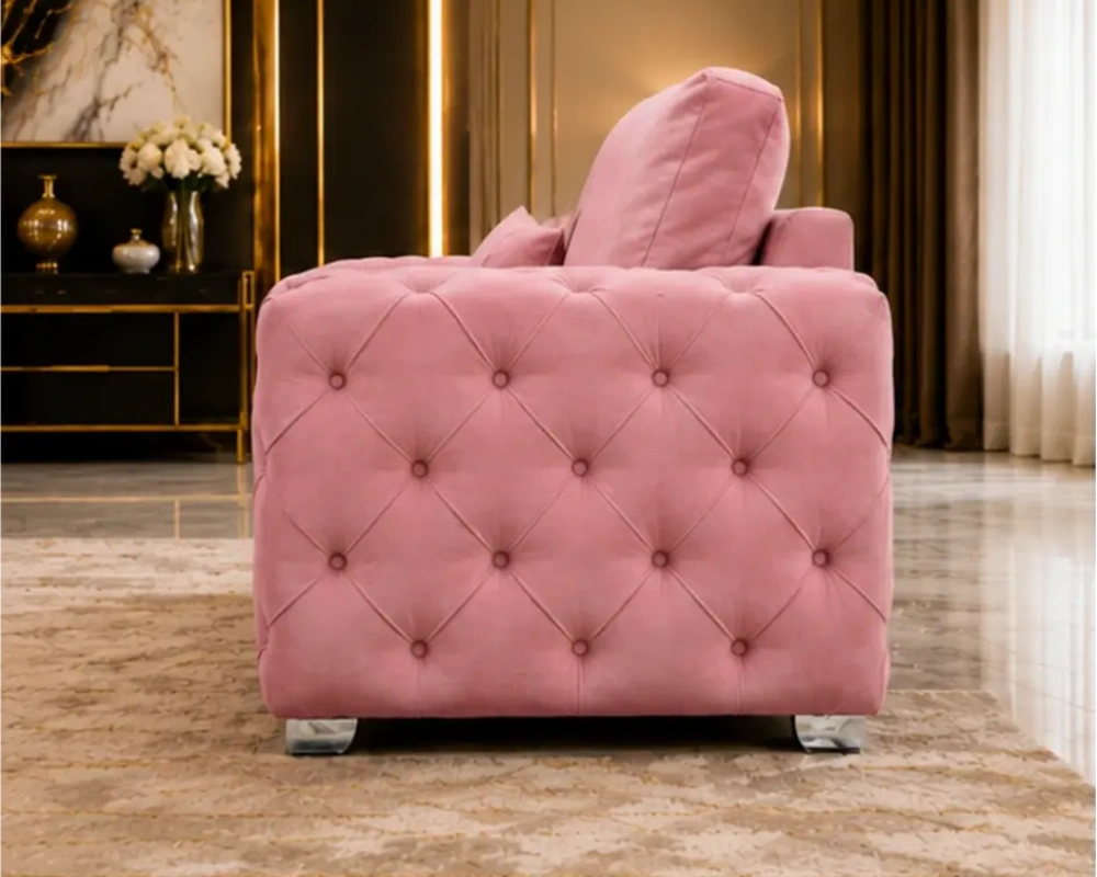 Pink 1 Seater Sofa - Luxury Plush Accent Chair with Designer Button Detail - Image 3