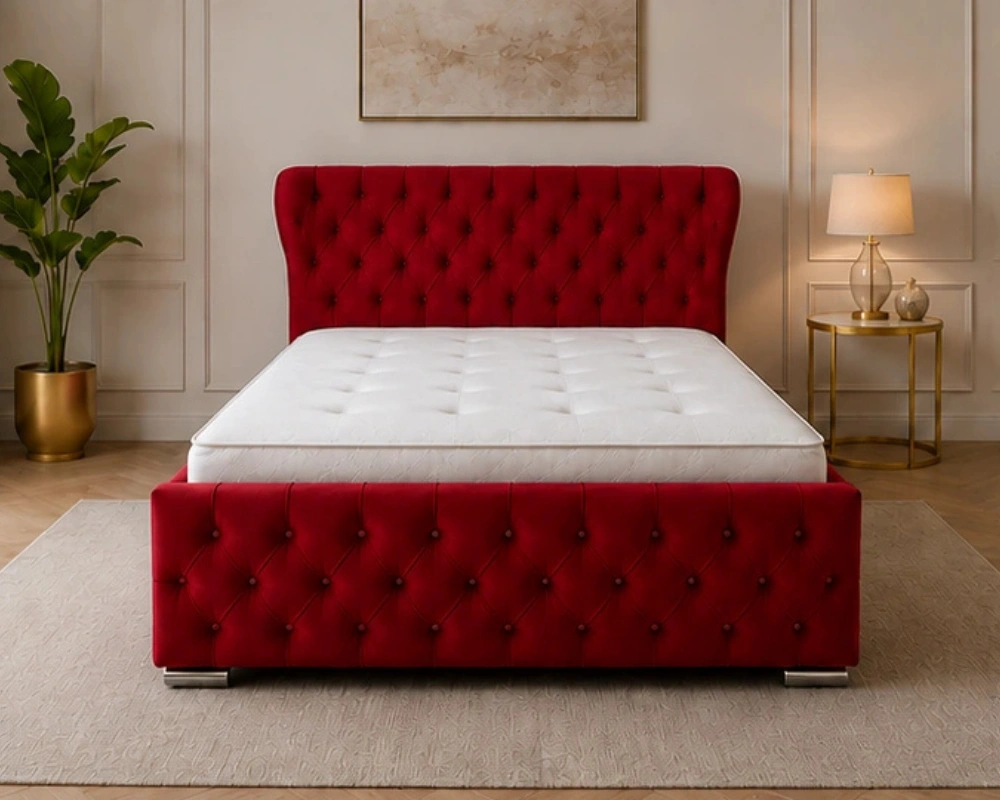 Burgundy Red King Oxford Bed – Stylish 180 × 200 cm Upholstered Design with Mattress - Image 2