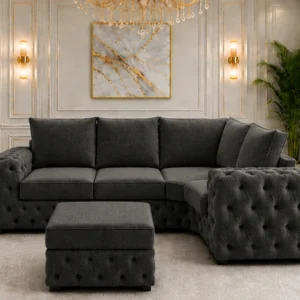 Modern Charcoal 4 Seater Corner Sofa with Tufted Design - Stylish L-Shape Sofa with Deep Cushion Comfort