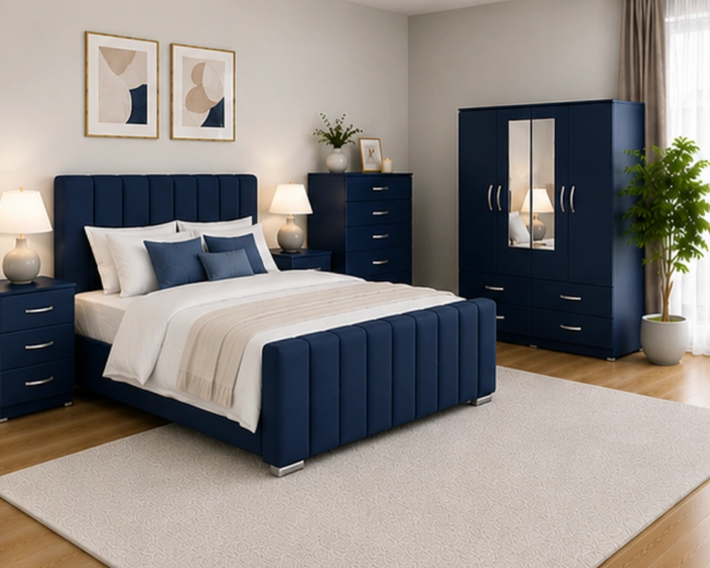 Double Bed Storage Furniture Set - 4 Door Mirror Wardrobe - Five Drawer Chest - Matching Bedside Tables - Image 2